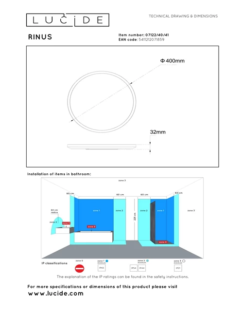 Lucide RINUS - Deckenleuchte Badezimmer - Ø 40 cm - LED - CCT - 1x24W 2200K/3000K - IP44 - Opal - Essential - technisch